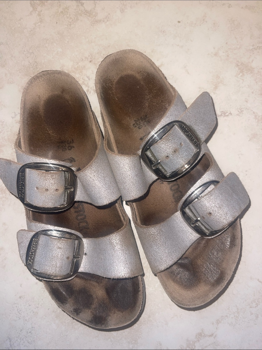 Birkenstock gray Two-Strap Sandals with silver Buckles